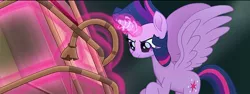 Size: 1280x479 | Tagged: safe, derpibooru import, screencap, twilight sparkle, twilight sparkle (alicorn), alicorn, pony, my little pony: the movie, female, glowing horn, mare, rope, solo, spread wings, wings