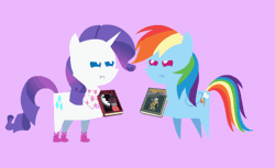 Size: 646x395 | Tagged: safe, artist:agrol, derpibooru import, rainbow dash, rarity, pony, the end in friend, :t, angry, animated, book, daring do and the razor of dreams, duo, female, looking at each other, pointy ponies, scrunch battle, scrunchy face, shadow spade, simple background, the colt in crimson, vibrating