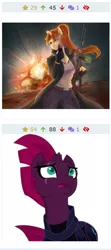 Size: 551x1245 | Tagged: artist:ejlightning007arts, artist:krosh, derpibooru, derpibooru import, fizzlepop berrytwist, juxtaposition, meta, oc, oc:katya ironstead, safe, shocked expression, tempest shadow