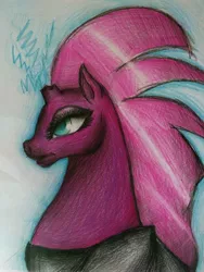 Size: 3120x4160 | Tagged: safe, artist:plavanda87, derpibooru import, tempest shadow, pony, armor, broken horn, female, mare, solo, traditional art