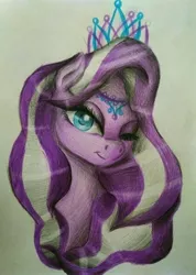 Size: 2944x4124 | Tagged: safe, artist:plavanda87, derpibooru import, diamond tiara, pony, female, filly, jewelry, one eye closed, solo, tiara, traditional art, wink