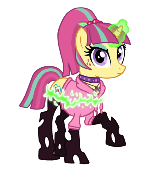 Size: 1089x1183 | Tagged: safe, artist:flipwix, derpibooru import, sour sweet, ponified, changeling, pony, unicorn, changelingified, choker, clothes, commission, disguise, disguised changeling, equestria girls ponified, eyeshadow, female, glowing horn, hoodie, jewelry, makeup, mare, necklace, simple background, solo, species swap, spiked choker, transformation, transparent background