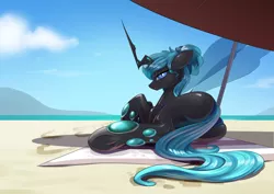 Size: 3508x2480 | Tagged: artist:underpable, beach, blue changeling, changeling, changeling oc, changeling queen, changeling queen oc, commission, derpibooru import, digital art, female, high, high res, looking at you, looking back, looking back at you, lying down, oc, oc:queen polistae, plot, sand, solo, strategically covered, suggestive, tail censor, towel, umbrella, unofficial characters only, water