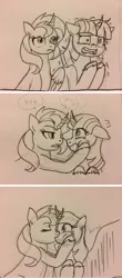 Size: 1024x2337 | Tagged: safe, artist:fallenangel5414, derpibooru import, sunset shimmer, twilight sparkle, twilight sparkle (alicorn), alicorn, comic, cute, eyes closed, female, kissing, lesbian, looking at each other, nervous, shipping, sunsetsparkle, surprise kiss, traditional art, twiabetes