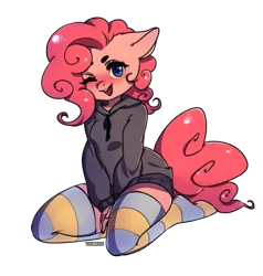 Size: 5209x5473 | Tagged: safe, artist:yukomaussi, derpibooru import, pinkie pie, anthro, earth pony, unguligrade anthro, absurd resolution, clothes, female, hoodie, one eye closed, simple background, smiling, socks, solo, stockings, striped socks, thigh highs, transparent background, wink