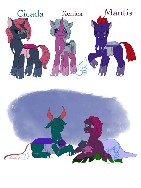 Size: 1536x2049 | Tagged: safe, artist:fallenangel5414, derpibooru import, fizzlepop berrytwist, pharynx, tempest shadow, oc, oc:cicada, oc:mantis, oc:xenica, changedling, changeling, changepony, pony, unicorn, crack shipping, crying, eyes closed, female, interspecies, interspecies offspring, mare, next generation, offspring, parent:pharynx, parent:tempest shadow, parents:tempynx, prince pharynx, shipping, simple background, tears of joy, tempynx, white background