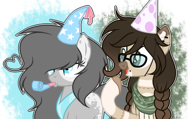 Size: 1024x653 | Tagged: safe, artist:mintoria, artist:roseloverofpastels, derpibooru import, oc, oc:rosy, unofficial characters only, pony, female, glasses, hat, mare, party hat, party horn