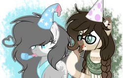 Size: 1024x653 | Tagged: safe, artist:mintoria, artist:roseloverofpastels, derpibooru import, oc, oc:rosy, unofficial characters only, pony, female, glasses, hat, mare, party hat, party horn