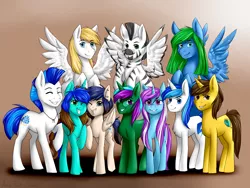 Size: 4000x3000 | Tagged: safe, artist:alexispaint, artist:varllai, derpibooru import, oc, oc:alexis paint, oc:angel, oc:brainstorm, oc:clever globe, oc:emerald hermit, oc:joy dreamford, oc:marik, oc:sappcup, oc:tokarief, oc:varllai, unofficial characters only, earth pony, pegasus, pony, unicorn, zebra, collaboration, digital art, female, friendship, gift art, glasses, gradient background, grin, group, high res, male, mare, simple background, smiling, stallion, standing, zebra oc