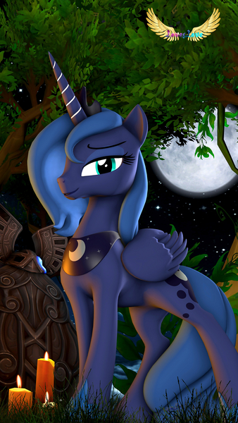 Size: 1677x2981 | Tagged: 3d, alicorn, artist:loveslove, candle, cute, derpibooru import, forest, full moon, moon, night, princess luna, s1 luna, safe, source filmmaker, statue, tree, tree branch