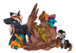 Size: 2600x1821 | Tagged: safe, artist:thenokrats, derpibooru import, oc, oc:calamity, oc:naarkerotics, oc:velvet remedy, oc:wolfkrone, cyborg, pegasus, pony, unicorn, fallout equestria, fanfic, dashite, eyes closed, fanfic art, female, filly, floppy ears, foal, hooves, horn, male, mare, one eye closed, open mouth, simple background, sitting, smiling, stallion, standing, teeth, white background, wings, ych result