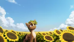 Size: 3840x2160 | Tagged: safe, artist:inowiseei, derpibooru import, oc, oc:serik, unofficial characters only, pony, unicorn, chest fluff, commission, fisheye lens, flower, high res, scenery, smiling, solo, sunflower, uhd