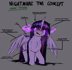 Size: 3609x3508 | Tagged: safe, artist:duop-qoub, derpibooru import, twilight sparkle, twilight sparkle (alicorn), alicorn, pony, descended twilight, anatomy, anatomy guide, chest fluff, chubby, crying, fangs, female, floppy ears, fluffy, mare, open mouth, pone, sad, slit eyes, solo, sombra eyes, teary eyes, text, unf