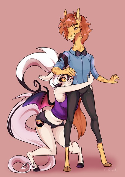 Size: 1536x2172 | Tagged: safe, artist:corelle-vairel, derpibooru import, oc, oc:acacias zarafu, oc:fever dream, unofficial characters only, anthro, bat pony, anthro oc, armpits, bat pony oc, clinging, female, head pat, male, oc x oc, pat, petting, shipping, straight