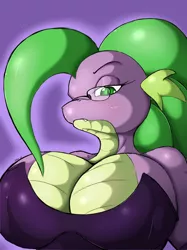 Size: 1280x1707 | Tagged: anthro, artist:suirano, barb, big breasts, breasts, busty barb, clothes, derpibooru import, dragon, dragoness, female, glasses, rule 63, simple background, solo, solo female, spike, suggestive