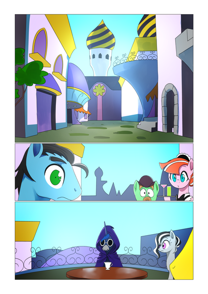 Size: 1024x1448 | Tagged: safe, artist:gashiboka, derpibooru import, princess luna, alicorn, pony, comic:scar of solar, canterlot, canterlot castle, cloak, clothes, comic, cup, dialogue, disguise, drink, fake moustache, female, food, glasses, mare, sitting, tea, teacup