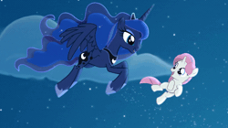 Size: 1100x618 | Tagged: dead source, safe, artist:anima-dos, artist:duo cartoonist, artist:lionheartcartoon, derpibooru import, princess luna, oc, oc:moondancer, alicorn, pony, unicorn, children of the night, animated, beautiful, cute, female, filly, flying, gif, lunabetes, mare, motherly, night, nuzzling, show accurate, singing, weapons-grade cute, wings, youtube link