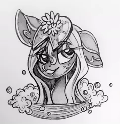 Size: 1022x1056 | Tagged: artist:smirk, bubble, bust, derpibooru import, freckles, grayscale, lilypad, monochrome, oc, oc:lily suds, safe, suds, traditional art, unofficial characters only, wet mane