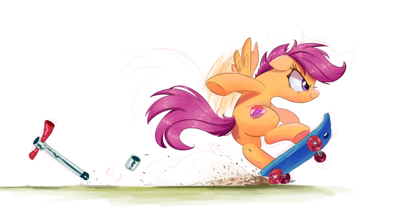 Size: 2000x1059 | Tagged: safe, artist:ncmares, derpibooru import, scootaloo, pegasus, pony, awesome, broken, commission, cutie mark, dangerous, female, filly, scooter, simple background, skateboard, skaterloo, solo, the cmc's cutie marks, white background