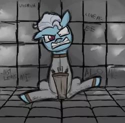 Size: 1993x1964 | Tagged: 30 minute art challenge, armbinder, artist:moonatik, bondage, bound legs, derpibooru import, insane asylum, insanity, metallica, padded cell, sanitarium, screw loose, semi-grimdark, solo, song reference, wall writing, welcome home