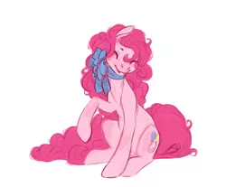 Size: 740x614 | Tagged: safe, artist:noel, derpibooru import, pinkie pie, earth pony, pony, cute, eyes closed, female, mare, neck bow, one hoof raised, simple background, smiling, solo