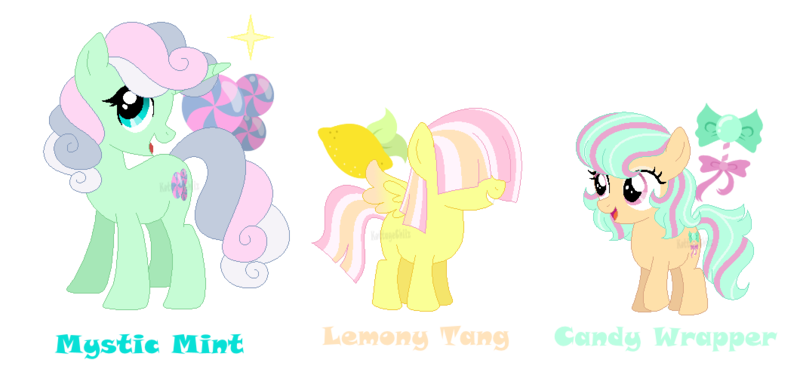 Size: 1060x497 | Tagged: safe, artist:andy-hazards, derpibooru import, oc, oc:candy wrapper, oc:lemony tang, oc:mystic mint, unofficial characters only, earth pony, pegasus, pony, unicorn, adopted offspring, base used, female, filly, hair over eyes, magical lesbian spawn, mare, offspring, parent:bon bon, parent:lyra heartstrings, parents:lyrabon, simple background, transparent background