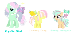 Size: 1060x497 | Tagged: safe, artist:andy-hazards, derpibooru import, oc, oc:candy wrapper, oc:lemony tang, oc:mystic mint, unofficial characters only, earth pony, pegasus, pony, unicorn, adopted offspring, base used, female, filly, hair over eyes, magical lesbian spawn, mare, offspring, parent:bon bon, parent:lyra heartstrings, parents:lyrabon, simple background, transparent background