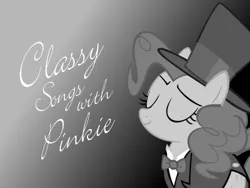 Size: 800x600 | Tagged: artist needed, black and white, bowtie, clothes, derpibooru import, edit, fancy text, grayscale, happy, hat, monochrome, pinkie pie, safe, silly songs, silly songs with pinkie, top hat, tuxedo, veggietales