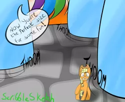 Size: 900x739 | Tagged: safe, artist:scribblessketch, derpibooru import, applejack, rainbow dash, pony, appletini, female, giant pony, giantess, hooves, macro, micro, prank, prank gone wrong, running, running away, scared, shrunk, stomp, stomping, story in the source, story included, tail, tiny, tiny ponies