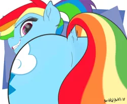 Size: 900x735 | Tagged: suggestive, artist:scribblessketch, derpibooru import, rainbow dash, pegasus, pony, close-up, dock, faic, female, giantess, kiss my ass, looking at you, looking back, looking back at you, looking down, looking up, macro, offscreen character, plot, rainbutt dash, rear, rear view, smiling, smirk, smug, smugdash, solo, solo female, story in the source, story included