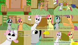 Size: 3648x2112 | Tagged: 1000 hours in ms paint, apple bloom, artist:mellowbomb, comic:calamity fateful, derpibooru import, dialogue, oc, oc:closingrain, oc:doctor dextor wise, safe, scootaloo, sweetie belle