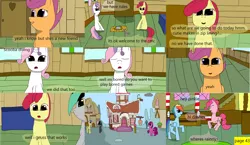 Size: 3648x2112 | Tagged: 1000 hours in ms paint, apple bloom, artist:mellowbomb, comic:calamity fateful, derpibooru import, dialogue, oc, oc:closingrain, pinkie pie, rainbow dash, safe, scootaloo, sweetie belle