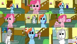 Size: 3648x2112 | Tagged: 1000 hours in ms paint, artist:mellowbomb, comic:calamity fateful, derpibooru import, dialogue, grammar error, oc, oc:snow bliss, pinkie pie, rainbow dash, safe