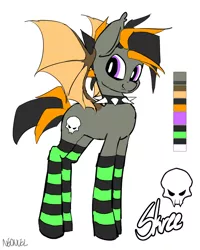 Size: 1600x2000 | Tagged: safe, artist:neoncel, derpibooru import, oc, oc:skree, unofficial characters only, bat pony, clothes, fangs, halloween, holiday, reference sheet, simple background, skull, socks, solo, striped socks, white background