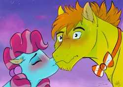 Size: 1024x724 | Tagged: safe, artist:avatar1778, derpibooru import, carrot cake, cup cake, pony, blushing, carrot cup, chiffon swirl, eyes closed, female, floppy ears, fluffy, kissing, male, mare, shipping, stallion, stars, straight, younger
