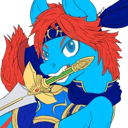 Size: 1024x1024 | Tagged: safe, artist:korencz11, derpibooru import, ponified, pony, armor, atg 2018, cape, clothes, crossover, fire emblem, natg2018, newbie artist training grounds, roy, simple background, solo, sword, transparent background, weapon