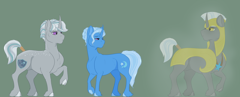 Size: 1600x647 | Tagged: safe, artist:ganashiashaka, derpibooru import, trixie, oc, oc:aegis frost, oc:silver leaf, pony, unicorn, armor, female, guardixie, male, offspring, parent:royal guard, parent:trixie, parents:guardixie, royal guard, shipping, stallion, straight