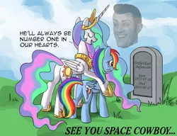 Size: 910x700 | Tagged: safe, artist:ponykillerx, derpibooru import, edit, princess celestia, rainbow dash, alicorn, pegasus, pony, butt, celestia's grave meme, cowboy bebop, epitaph, female, gravestone, hoof shoes, image, implied death, lazytown, legend, mare, meme, memorial, plot, png, press f to pay respects, rest in peace, robbie rotten, see you space cowboy, stefán karl stefánsson, we are number one