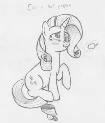 Size: 1856x2187 | Tagged: safe, artist:sighoovestrong, derpibooru import, rarity, pony, unicorn, :t, blushing, derp, drawing, female, food, frown, hot, hot pepper, levitation, magic, mare, monochrome, nose wrinkle, pepper, raised hoof, scrunchy face, simple background, sitting, solo, spicy, teary eyes, telekinesis, traditional art, wavy mouth, white background
