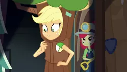 Size: 1280x720 | Tagged: safe, derpibooru import, screencap, apple bloom, applejack, equestria girls, equestria girls series, opening night, apple tree, clothes, costume, opening night: applejack, tree, tree costume