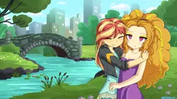 Size: 4000x2250 | Tagged: safe, artist:nekowy, derpibooru import, adagio dazzle, sunset shimmer, equestria girls, anime, bare shoulders, bridge, city, cute, eyes closed, female, flower, hug, human coloration, lesbian, lidded eyes, park, river, shipping, sleeveless, strapless, stream, sunsagio