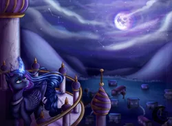 Size: 3000x2200 | Tagged: safe, artist:she-nightmare, derpibooru import, princess luna, alicorn, pony, canterlot, canterlot castle, constellation, curved horn, female, horn, magic, mare, moon, night, scenery, smiling, solo