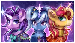 Size: 3900x2259 | Tagged: safe, artist:gaelledragons, artist:ilynalta, derpibooru import, starlight glimmer, sunset shimmer, trixie, pony, unicorn, alternate hairstyle, collaboration, counterparts, female, high res, horn ring, magic, magical trio, mare, trio, twilight's counterparts