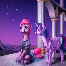 Size: 1600x1600 | Tagged: safe, artist:samum41, derpibooru import, fizzlepop berrytwist, tempest shadow, twilight sparkle, twilight sparkle (alicorn), alicorn, pony, unicorn, my little pony: the movie, armor, broken horn, column, duo, duo female, eye scar, female, fireworks, looking up, mare, night, scar, scenery, sitting, smiling, stars