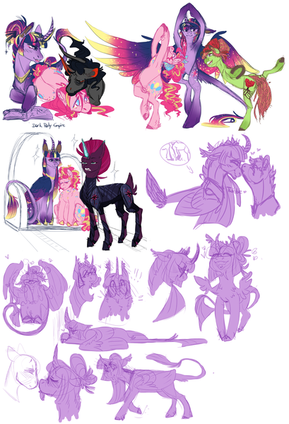 Size: 1364x2000 | Tagged: safe, artist:eqq_scremble, derpibooru import, king sombra, pinkie pie, quibble pants, tempest shadow, tree hugger, twilight sparkle, twilight sparkle (alicorn), alicorn, alternate design, armor, armpits, beard, blushing, crown, ear piercing, earring, faceless pony, facial hair, female, flustered, glasses, hair bun, heart, jewelry, king sombra gets all the mares, leonine tail, lesbian, male, neck fluff, nose kiss, piercing, pinkiehugger, polyamory, prosthetic horn, prosthetics, quibblelight, regalia, royal guard, shipping, sombrapie, straight, straight hair, tempest becomes a royal guard, tempest gets her horn back, tempestlight, tempestpie, throne, tired, twibra, twihugger, twinkie, twinkiebra, twinkiehugger, twinkiepest, yoga