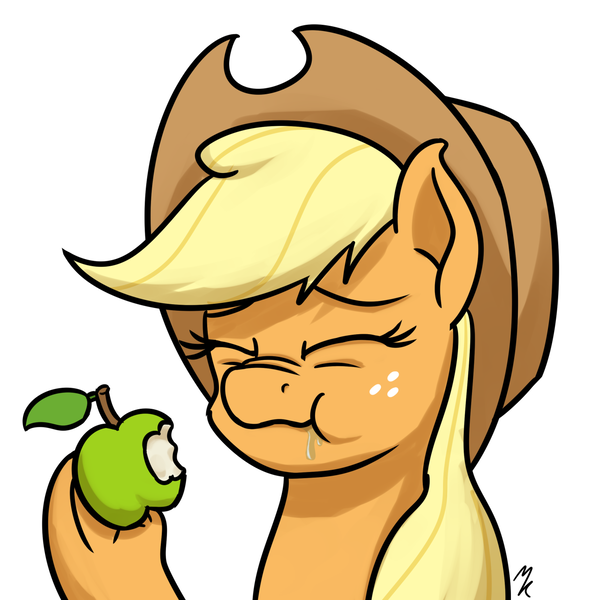 Size: 1280x1280 | Tagged: safe, artist:mkogwheel, derpibooru import, applejack, granny smith, 30 minute art challenge, apple, bust, food, green apple, juice, scrunchy face, simple background, solo, sour, white background