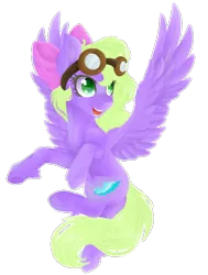 Size: 778x1028 | Tagged: safe, artist:ether-akari, artist:gaelledragons, derpibooru import, oc, oc:lydria, unofficial characters only, pegasus, pony, bow, collaboration, cute, female, flying, goggles, simple background, smiling, solo, transparent background