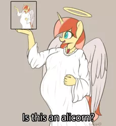 Size: 540x590 | Tagged: safe, artist:puetsua, derpibooru import, oc, oc:bumpy wish, unofficial characters only, anthro, angel, belly, big belly, female, halo, is this a pigeon, meme, pregnant, solo