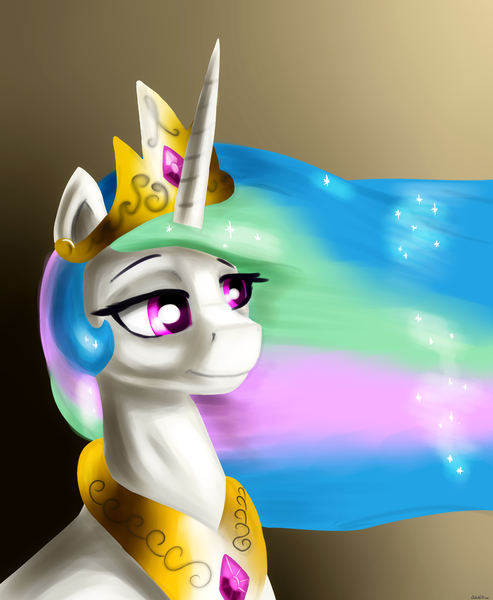 Size: 2300x2800 | Tagged: artist:dukevonkessel, bust, derpibooru import, ethereal mane, female, horn, lidded eyes, mare, peytral, portrait, princess celestia, safe, smiling, solo