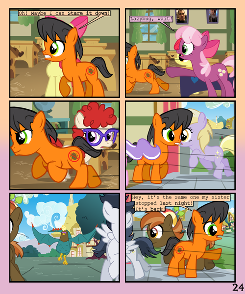 Size: 900x1080 | Tagged: safe, artist:lister-of-smeg, derpibooru import, apple bloom, button mash, cheerilee, dinky hooves, rumble, twist, oc, oc:lazybug, oc:scavenger (lister-of-smeg), cockatrice, earth pony, pony, comic:crystal heart attack, colt, comic, male